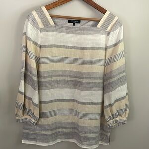 Lafayette 148 New York Harper Striped Linen Square Neck Top Loose Fit Size: S